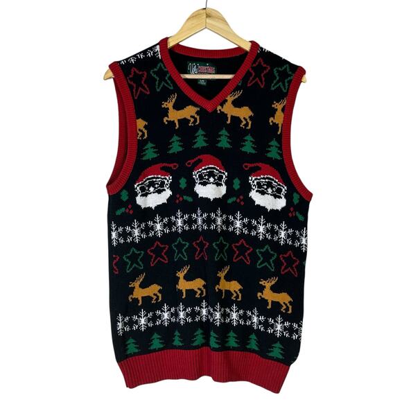 Ugly Christmas Sweater Vest Mens L Black Red Reindeer Santa Knit Holiday Retro - Picture 1 of 7